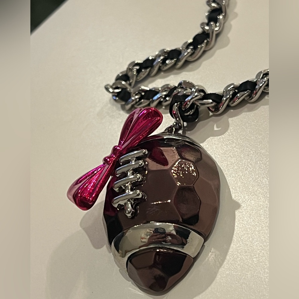 Betsey Johnson Football Necklace Pink Bow Trendy Chic Luxe Ribbon Silver Cute